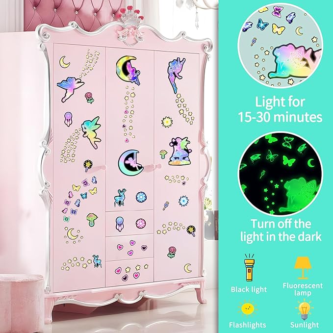Glow in The Dark Fairy Star Wall Stickers, Neon Fantasy Elf Butterfly Wall Decal for Girls Room, Baby Girl Boy Bedroom Ceiling Nursery Decoration
