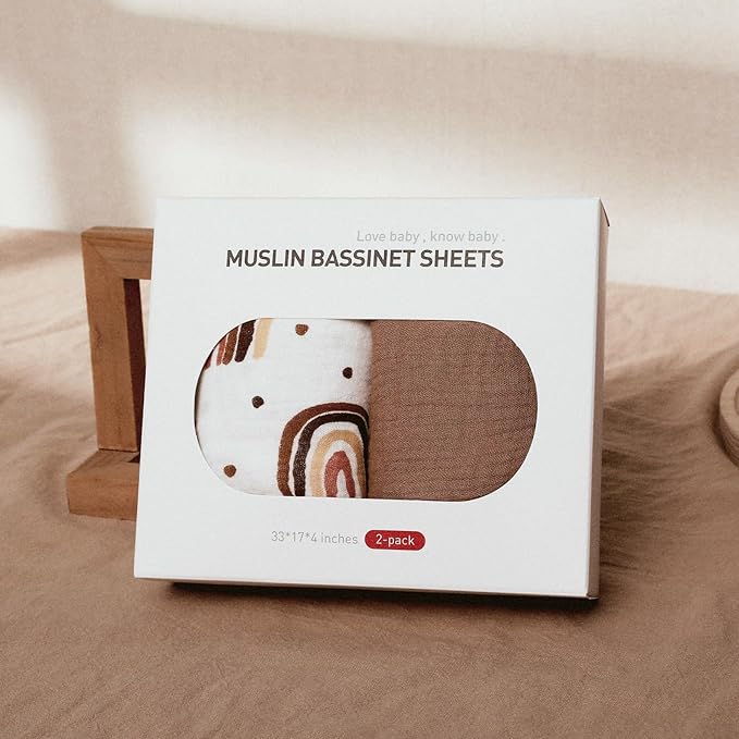 Muslin Bassinet Fitted Sheets, 2 Pack for Baby Boy and Girl, Soft Breathable Stretchy Baby Pad/Mattress Sheet Set, Universal Fit for Hourglass Oval and Rectangle Bassinet Mattress (Cute Rainbow)