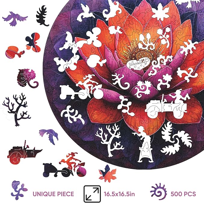 Jiroinlly Flower Wooden Puzzle for Adults, Round Mandala Color Challenge Jigsaw Puzzles 500 Piece, Family Reunion Puzzle for Adults and Kids, Best Gift for Family Friends Royal 16.5x16.5in