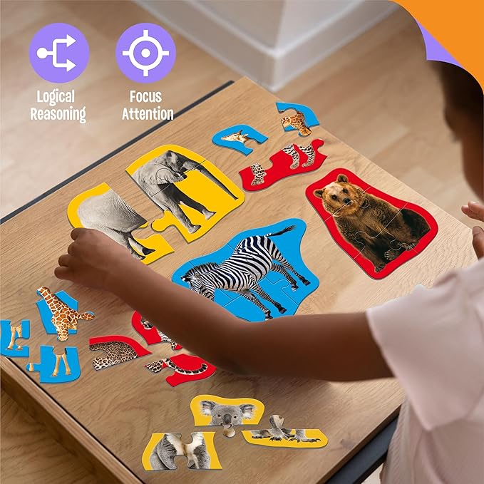 12 Pack Wild Animal Puzzles, 48 Pieces Step-by-Step Animal Jigsaws, Realistic Safari Animal Jigsaw Puzzles with Name Guide Early Learning for Beginner Preschool Toddlers 3+ Years Old