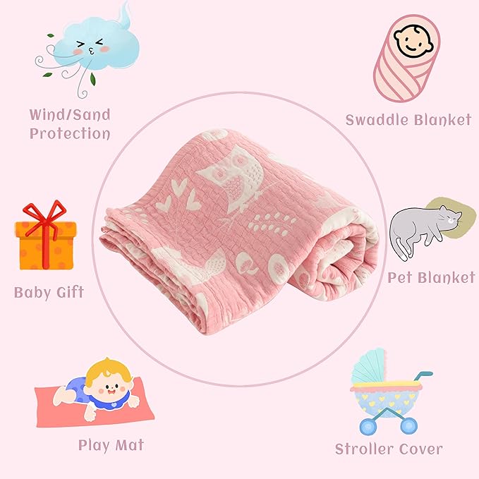 NTBAY 3 Layer Toddler Blanket, Muslin Cotton Jacquard Bed Blankets, Lightweight Thermal Baby Blanket, Super Soft and Warm Crib Blanket for All Seasons, Decoration Gift, 45"x60", Pink Owl
