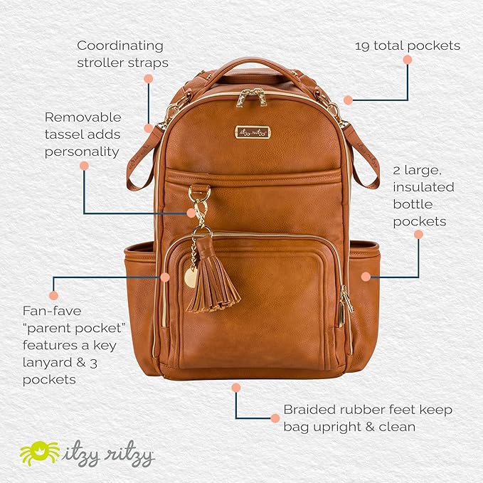Itzy Ritzy Diaper Bag Backpack – Large Capacity Boss Plus Baby Backpack Diaper Bag Featuring 19 Pockets, Changing Pad, Stroller Clips, and Comfortable Straps (Cognac)