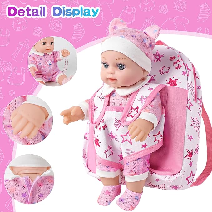 12" Baby Doll in Gift Box with Pink Backpack, Cloths, Feeding Bottle and Pacifier, First Baby Dolls for Toddlers 3 Years and Up