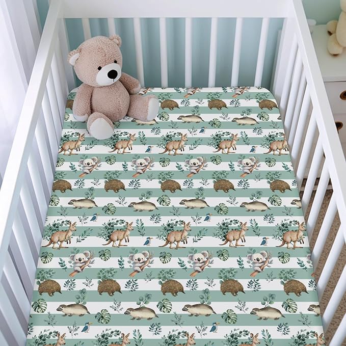 Baby Australian Animals Fitted Baby Crib Sheet for Boy Girl 52"x28" Cute Koala Green Tropical Leaves Crib Mattress Cover Baby Animals Stripes Soft Baby Sheet for Standard Crib & Toddler Bed Mattress