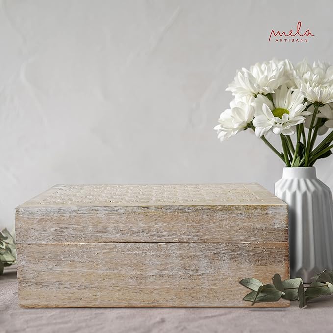 Mela Artisans Wooden Keepsake Box | Whitewash Mango Wood Memory & Photo Storage Box with Hinged Lid | Decorative Storage Box | Extra Large | 10.5x7.5x4 Inch