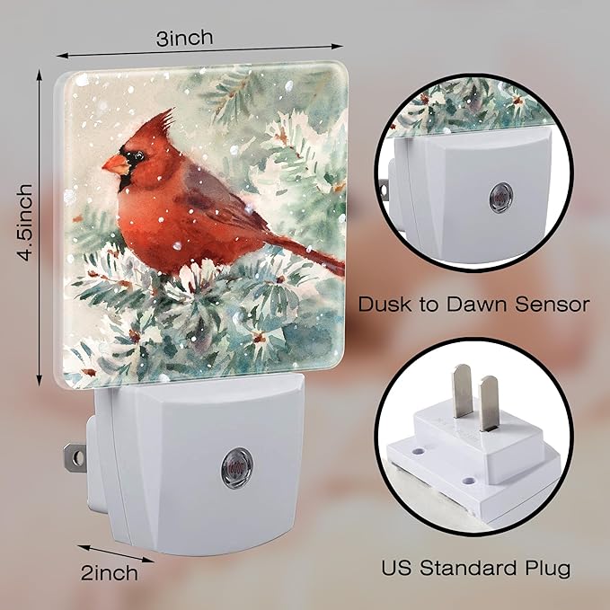 Winter Cardinal Pine Tree Night Light, Christmas Snow Red Cardinal Dusk to Dawn Night Light Plug in, 0.5w Energy Saving Sleep Friendly NightLight for Kids Boys Girls Home Decor