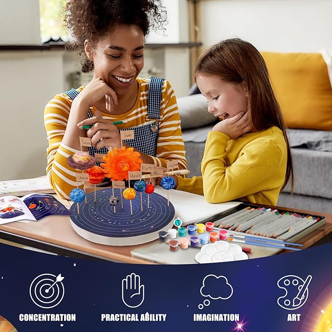 Ayfjovs Solar System Model Kit, Solar System Foam Balls Crafts for Kids School Projects to Learn Planets, Includes Mixed Sizes Polystyrene Balls, Pigments, Flags, Brushes, Bamboo Sticks for DIY