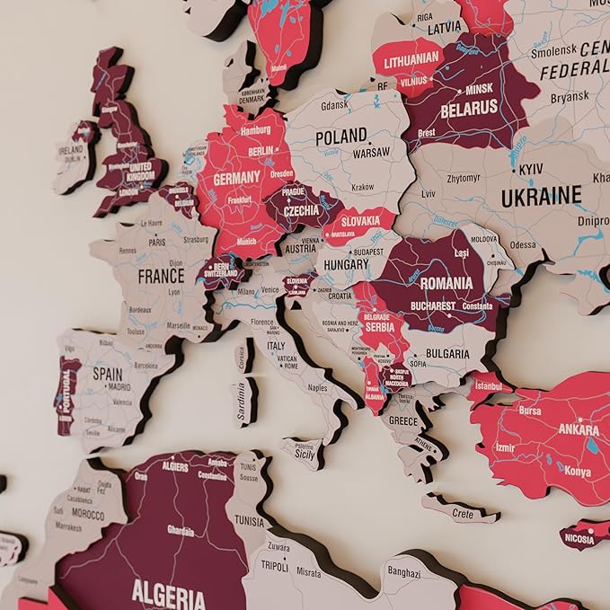 Colorfull Worlds 3D Wooden World Map Wall Art - Premium Multicolored World Travel Map for Wall Decor with Push Pins- Ideal Housewarming Gift & Travel Tracker (Medium, Crimson)