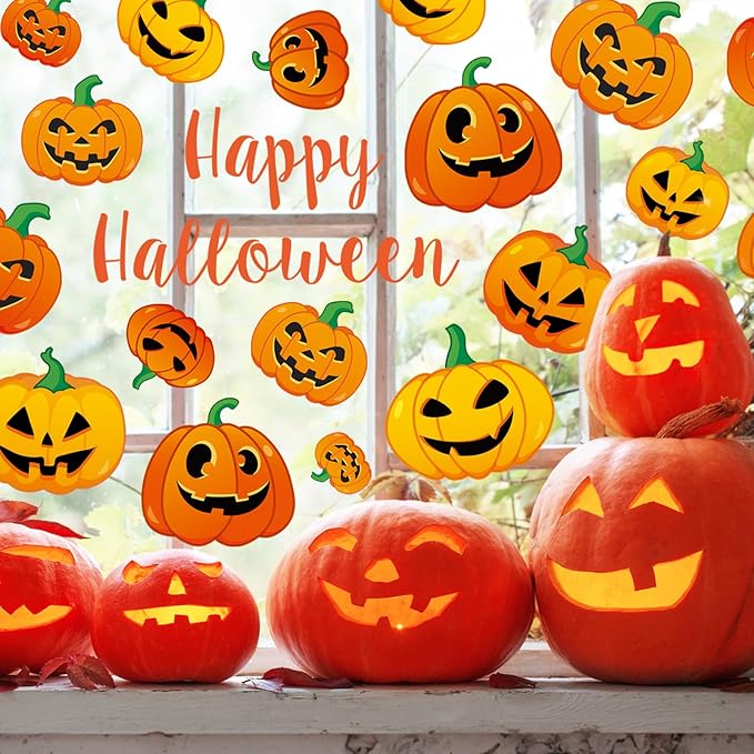 AnyDesign 9 Sheet Halloween Pumpkin Window Clings Funny Pumpkin Expressions Double-Sided Window Stickers Decorative Window Decals Reusable for Halloween Home School Office Accessories Party Supplies