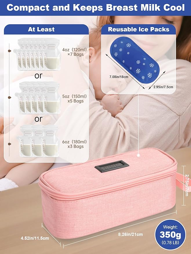 YOUSHARES Breastmilk Cooler Travel Bag with Digital Thermometer, Small Insulated Baby Milk Storage with 2 Ice Packs, Daycare and On-The-Go Moms （Pink）