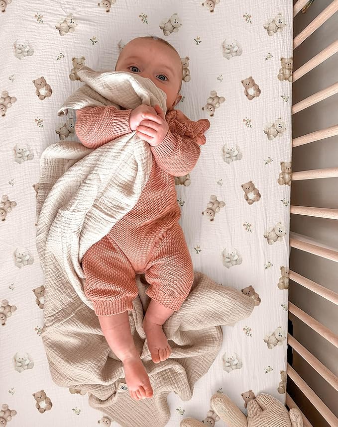 Mini Crib Sheets for Baby Boy Girl 2 Pack, Neutral Mini Crib Mattress Sheet 24" x 38", Muslin Nursery Bedding Soft and Breathable Comfort (Teddy & Friends)