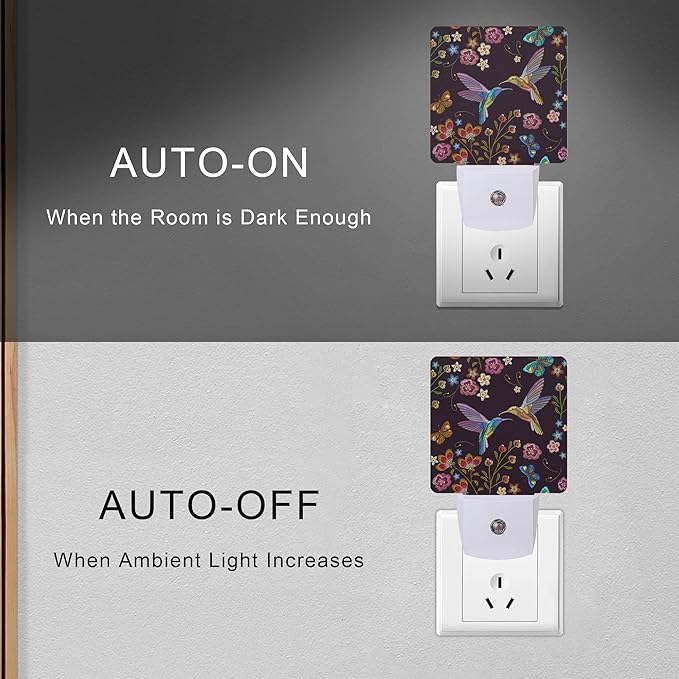 Vintage Hummingbird Butterfly Flowers Night Light Plug-in LED Nightlights Auto Sensor Night Lamp Dusk-to-Dawn Lamp Home Decor for Nursery Children Girls Boys