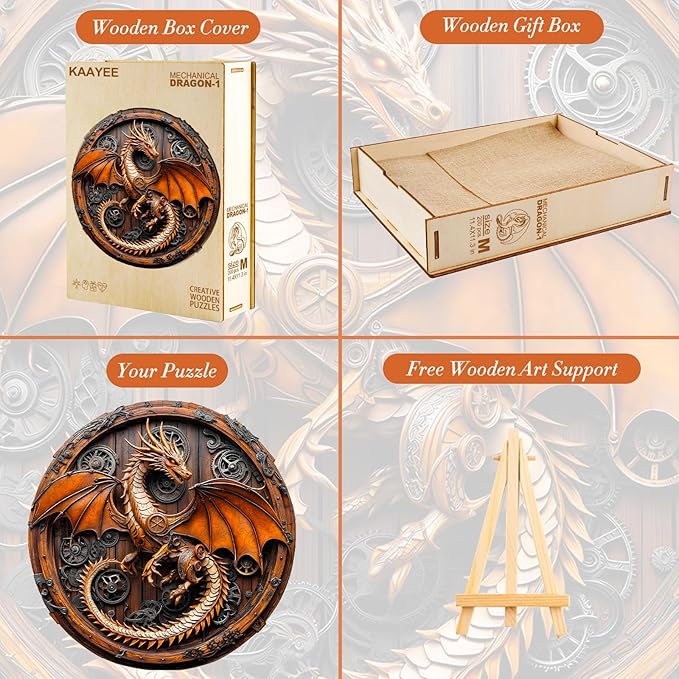 KAAYEE Wooden Puzzles for Adults, 3D Vision Mechanical Dragon Wooden Jigsaw Puzzles, Unique Shape Advanced Wood Puzzle Adult, Birthday Fathers Family Games (L-13.4 * 13.3in-300pcs)