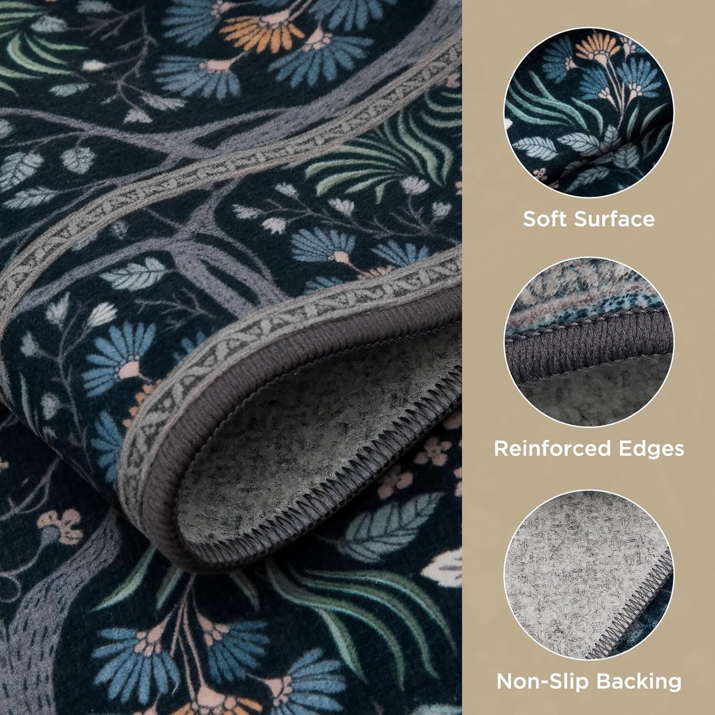 Joydeco Machine Washable Area Rugs 5x7, Boho Floral Rug for Bedroom Non Slip, Soft Forest Botanical Low-Pile Floor Indoor Throw Carpet for Living Dining Room Dorm Office, Blue-Black