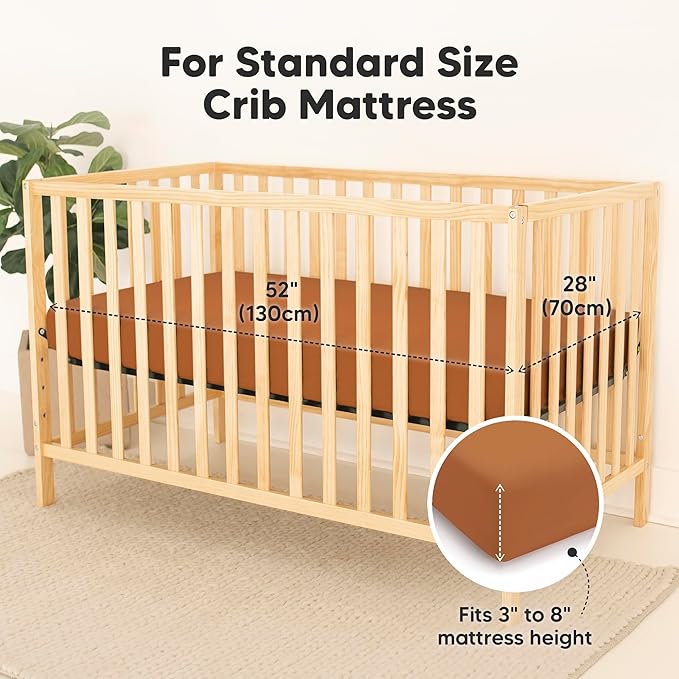 2-Pack Waterproof Baby Crib Sheets for Boys, Girls - 52x28 Viscose Derived from Bamboo Toddler Bed Sheet Neutral, Fitted Crib Mattress Protector Cover for Baby Bedding, Soft & Gentle (Rust)