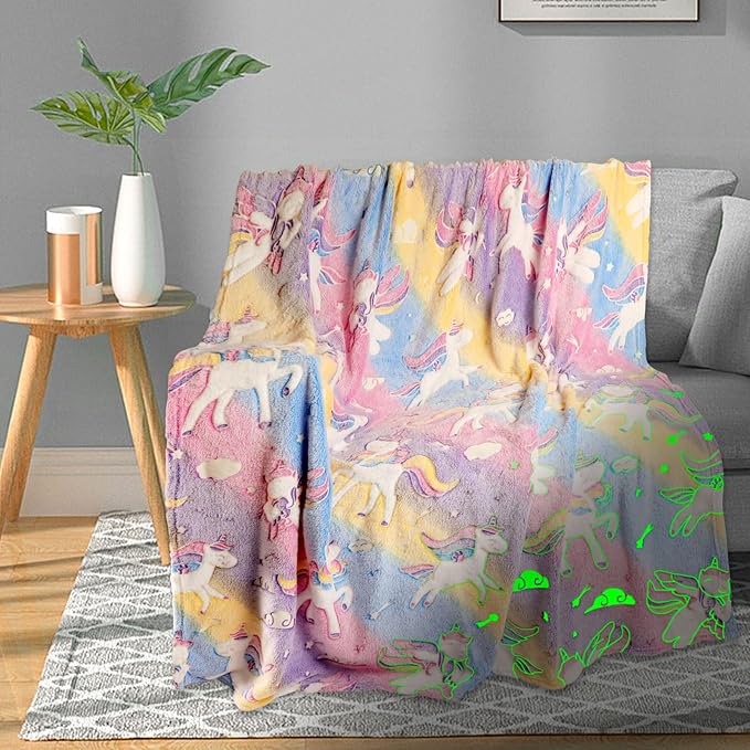 Unicorn Glow in The Dark Kids Blanket, Soft Fleece Throw 50"x60" for Girls & Boys, Ages 3-12