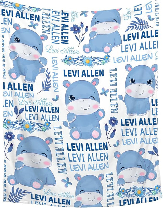 Personalized Baby Blanket for Girls Boys Kids Hippo Custom Baby Blanket with Name Throw Birthday Gift for Toddlers Infants Shower Newborns Nursery Stroller Crib Bed Decor