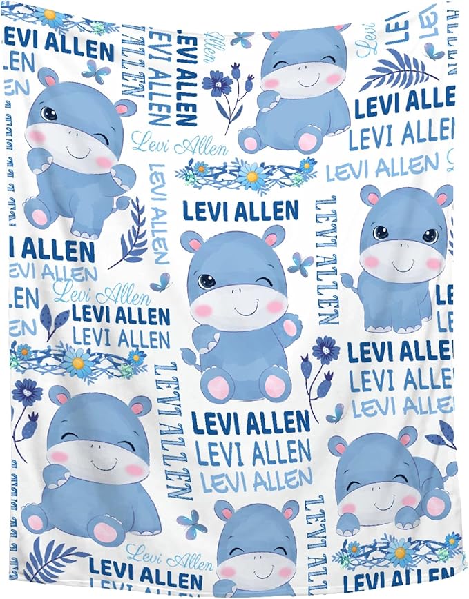 Personalized Baby Blanket for Girls Boys Kids Hippo Custom Baby Blanket with Name Throw Birthday Gift for Toddlers Infants Shower Newborns Nursery Stroller Crib Bed Decor