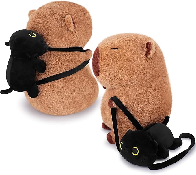 Achwishap Capybara Plush,Capybara Stuffed Animal Cute Plushies,Capybara Plush Toys,Kawaii Plushie Stuffed Toy with Black Cat Backpack Plushies Gifts for Kids Adults(Capybara with Black Cat,14”)