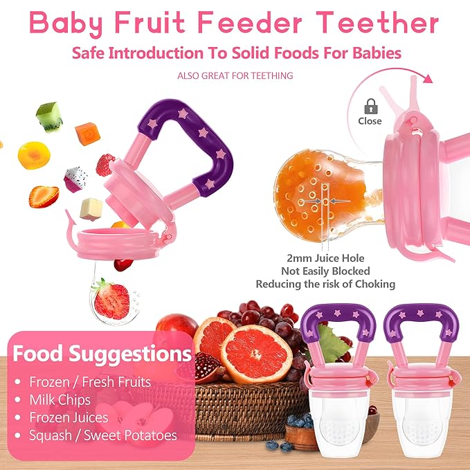 WAJIAYON Baby Fruit Feeder Pacifier - 6 Pack | 2 Infant Food Feeder Pacifier & 2 Baby Food Dispensing Spoon | Fresh Fruit Teethers for Babies | Silicone Feeder Babies,Infant Teething Feeders (Pink)