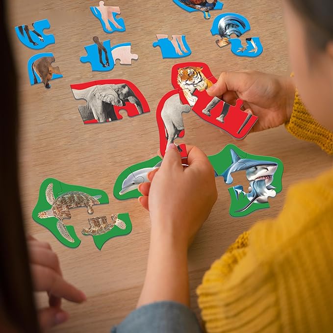 12 Pack Animal Puzzles, 48 Pieces Step-by-Step Farm/Marine/Safari Animal Jigsaws, Realistic Animal Jigsaw Puzzles with Name Guide Early Learning for Beginner Preschool Toddlers 3+ Years Old