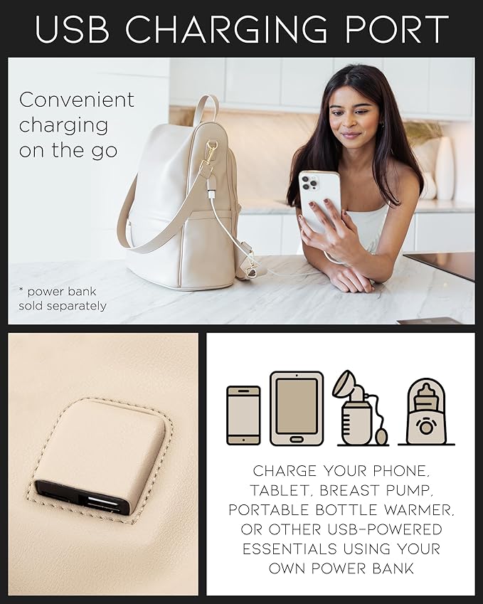MIA + SOPHIA Leather Diaper Bag Backpack with USB Charging port, Changing Pad, Stroller Straps, and Bottle Holder (Beige Mia)