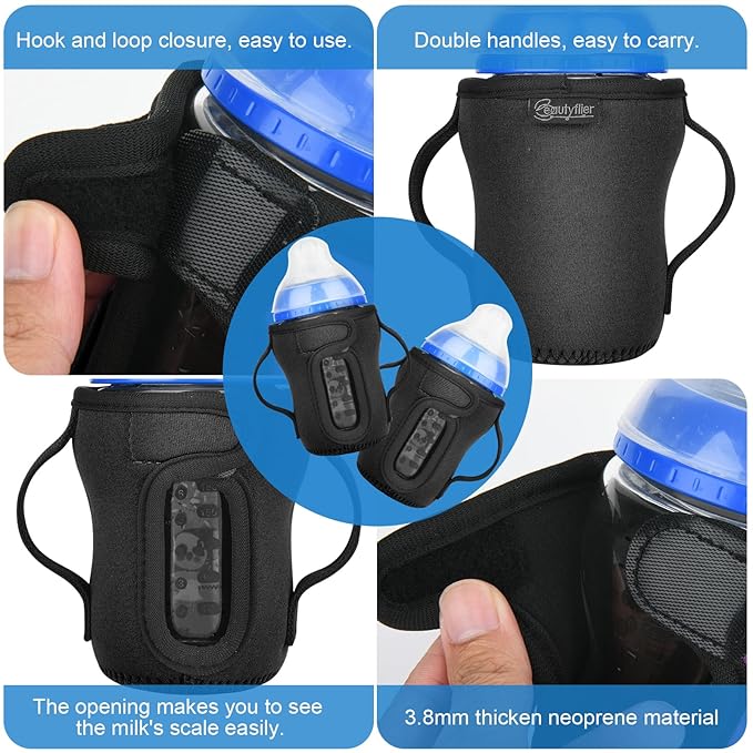 Beautyflier Glass Baby Bottle Sleeve Covers for 9oz Nature Baby Bottles with Dual Handle, 3.8mm Thicken Heat and Cold Retention Baby Bottle Sleeve (2 Black)