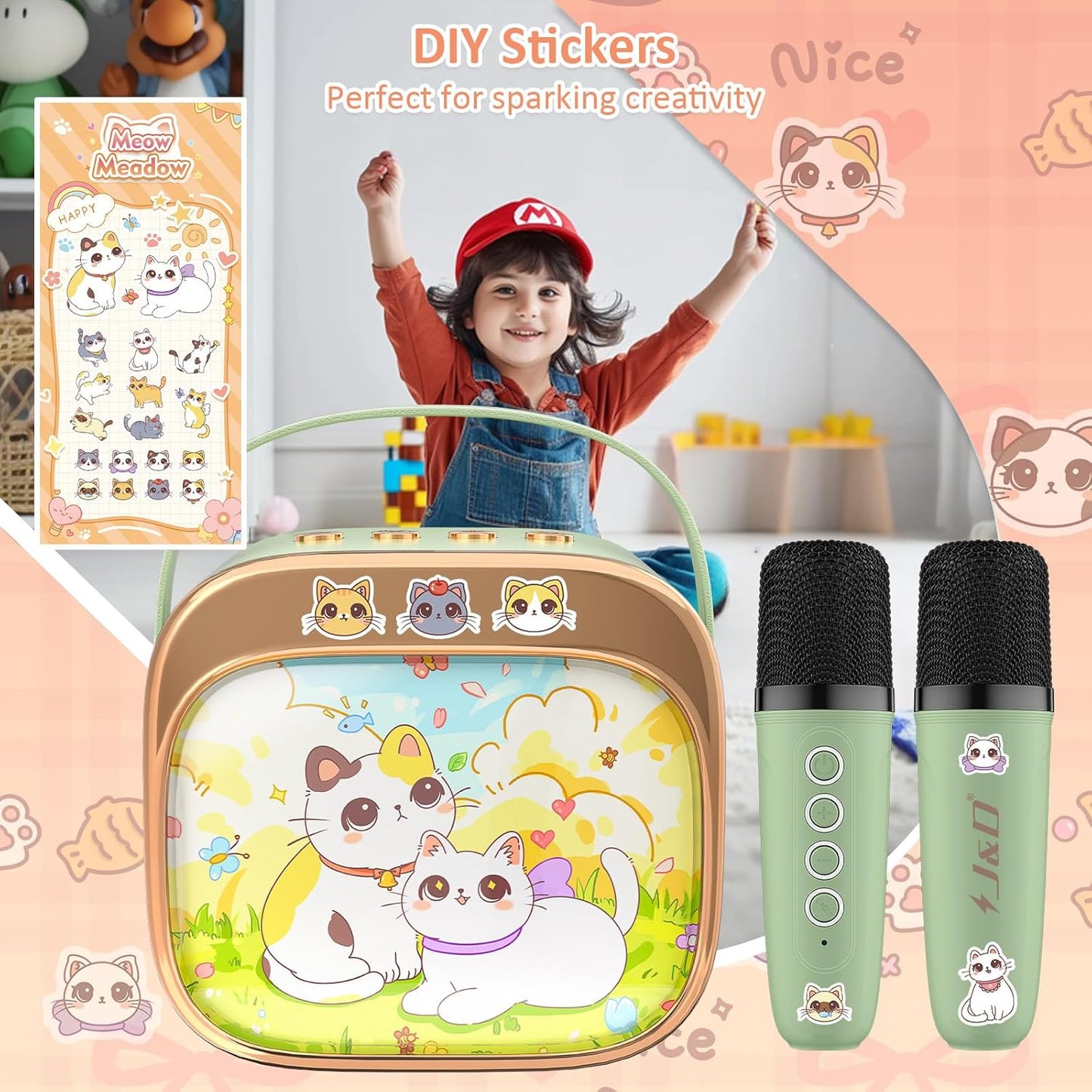 J&D Mini Kids Karaoke Microphone Machine Princess Toys, Colorful LED Portable Bluetooth Speaker with 2 Wireless Mics for Girls Age 3–10 Birthday Party Gifts, Green