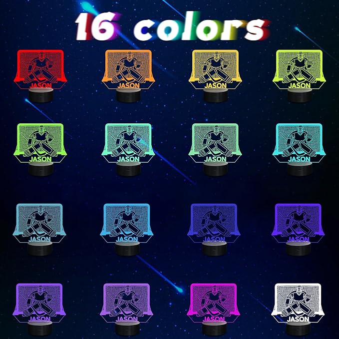 Customized Ice Hockey Night Light, 3D LED Optical Illusion Lamp with Remote Control and Timer, Perfect Christmas and Birthday Gift Idea for Boys, Kids, and Teen