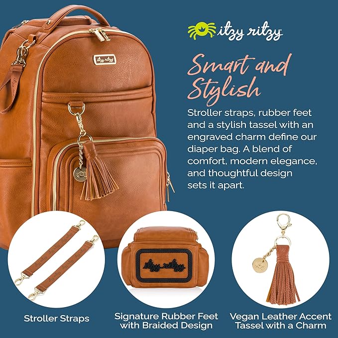 Itzy Ritzy Diaper Bag Backpack – Large Capacity Boss Plus Baby Backpack Diaper Bag Featuring 19 Pockets, Changing Pad, Stroller Clips, and Comfortable Straps (Cognac)