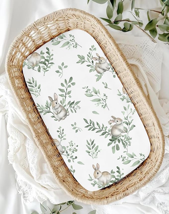 Bassinet Sheets for Baby Girls Boys 2 Pack, Fitted Baby Mattress Sheet for Rectangle, Oval, Hourglass Bassinet Mattress, Breathable Cozy & Universal Fit (Bunny Meadow)