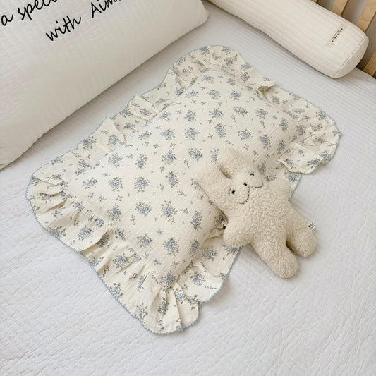 BuLuTu Muslin Cotton Kids Pillowcases for Girls Boys Shabby Chic Blue Floral Print Pillow Case Beige Toddler Pillowcases Standard Size Pillow Cover with Ruffles, 20"x26", 1 pc