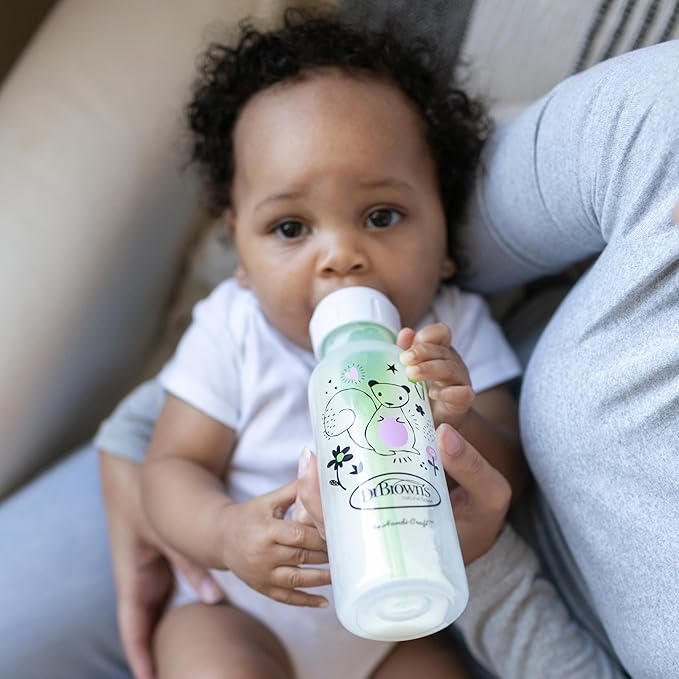 Dr. Brown's Natural Flow Anti-Colic Options+ Narrow Baby Bottle, Squirrel & Goat, 8 oz/250 mL, with Level 1 Slow Flow Nipple, BPA Free, 0m+, 2-Pack