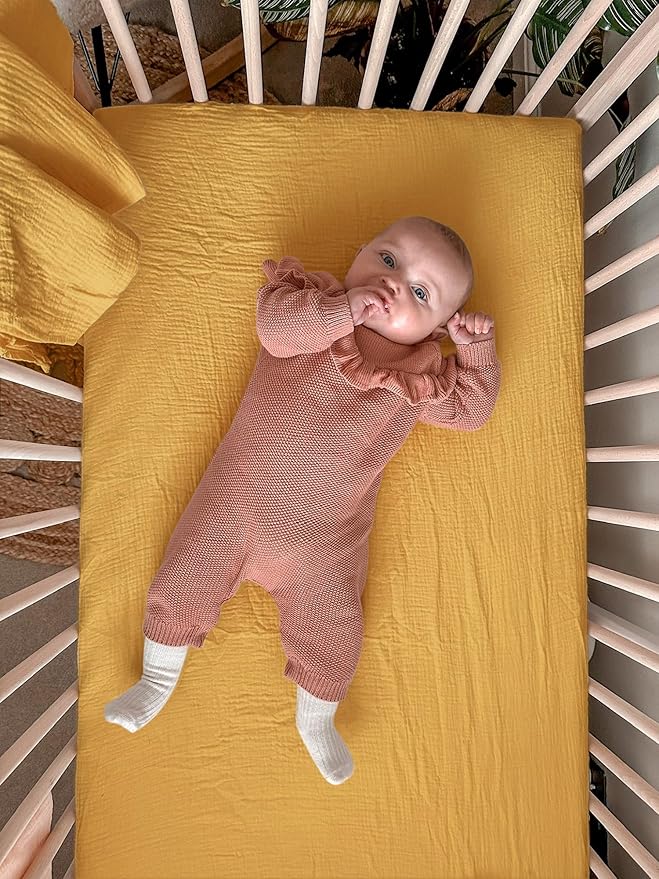 Pack and Play Sheets for Baby Boy and Girl 2 Pack, Neutral Muslin Cotton Pack N Play Mattresses Sheet 27"x39", Muslin Nursery Bedding Soft and Breathable Comfort (Beige & Mustard Yellow)