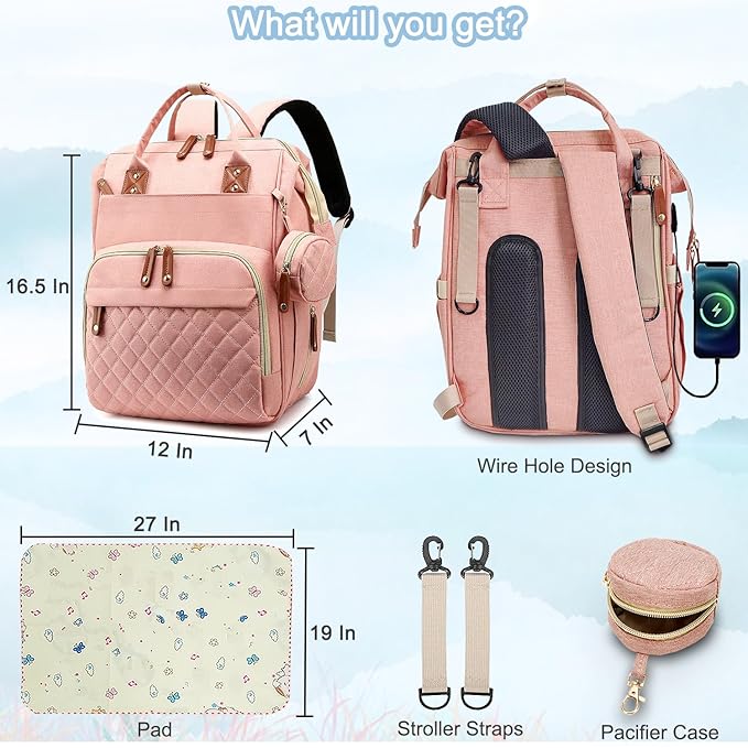Diaper Bag Backpack Baby Bag, Baby Girl Boy Diaper Bag for Dad Mom with Pad,16 Pockets, Pacifier Case, Large Diaper Bags Unisex for Travel (Orange Pink)