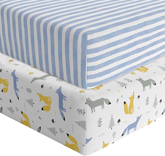 Featherhead™ 2-Pack Fitted Crib Sheets - 100% Cotton - 52" x 28" x 9" for Standard Crib and Toddler Mattress (Jersey Blue Foxes)