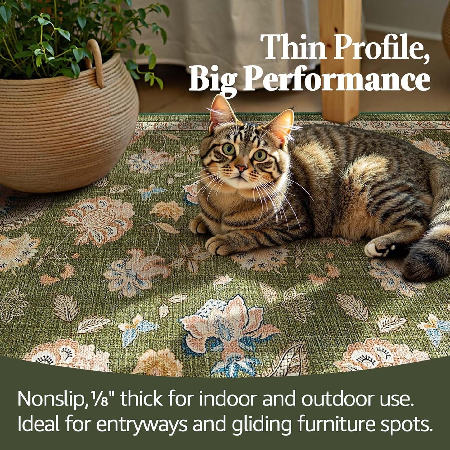 jinchan Floral Corner Rug for Kitchen Washable Nursery Rug Vintage Romance Design Non Slip Quarter Circle Lightweight Low-Pile Throw Carpet for Playroom Reading Nook Office, 5ft Radius, Green