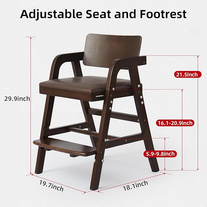 Wooden High Chair for Babies & Toddlers, Adjustable Kids Dining Chair with Removable Cushion (Walnut)