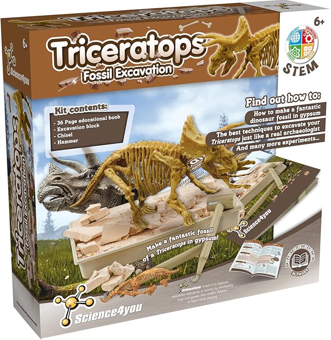Science4you - Triceratops Fossil Digging Kit for Kids - Excavate and Assemble 10 Dinosaur Fossiles, Dinosaur Toys for Boys and Girls Age 6+, Dino Games, Dinosaur Gifts for 6+ Year Old Boys and Girls