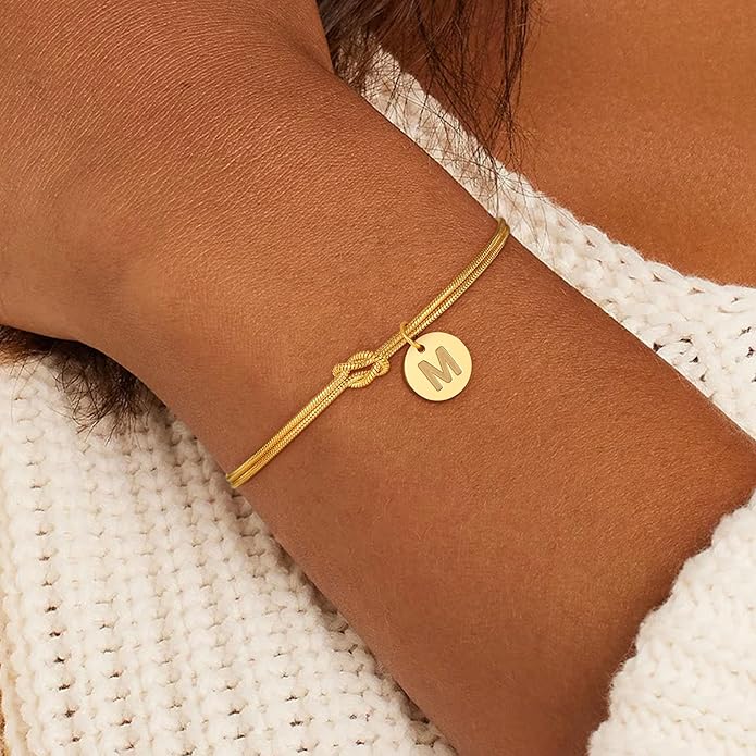 Gold Initial Bracelets for Women Girls - 18K Gold Plated A-Z Initial Bracelet Dainty Knot Bracelet Gold Bracelets for Women Teen Girl Gifts Trendy Stuff