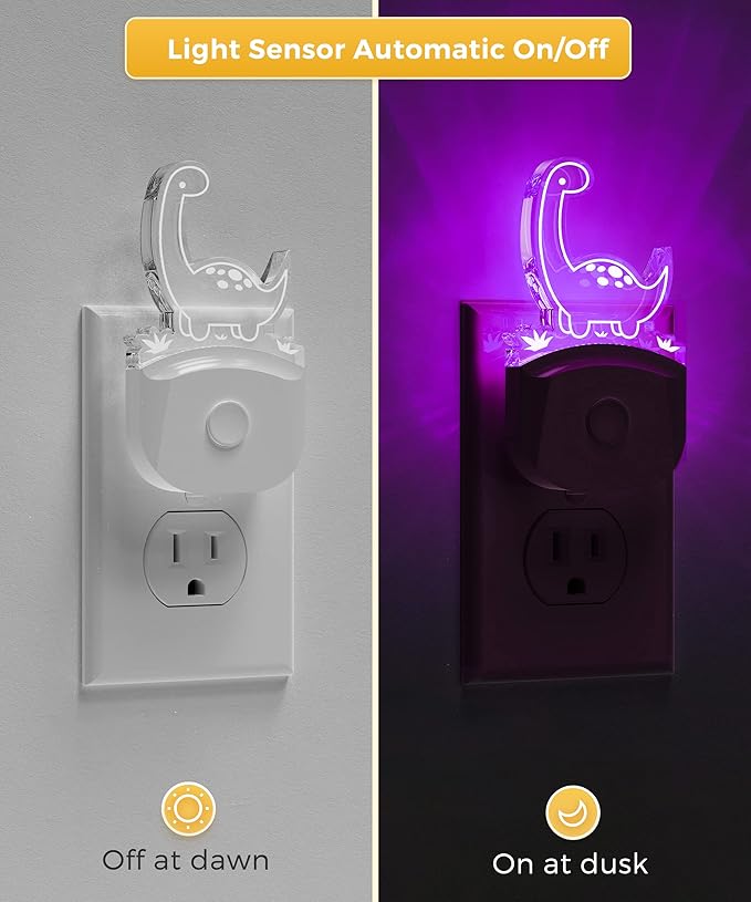 L LOHAS LED Dinosaur Night Light Plug in, Kids Night Light for Boys[2 Pack], Dusk to Dawn Sensor, 3 Lighting Modes, Color Changing Nightlights, Nursery & Bedroom Decor Gift