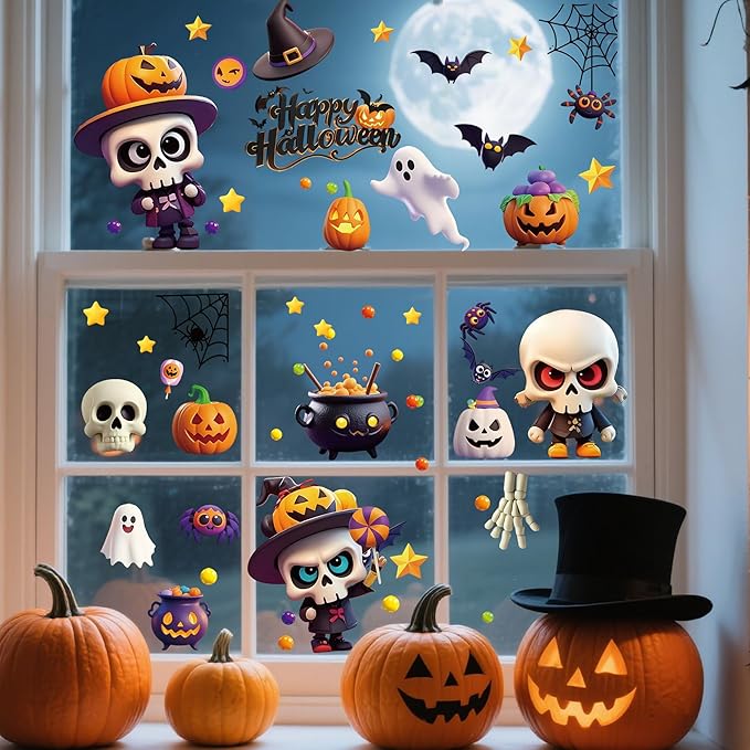 9 Sheets Halloween Window Clings,Cut Ghost Pumpkin Bat Cat Stickers,Reusable Halloween Window Decals Decorations for Party Supplies Home Shop Glass Decor