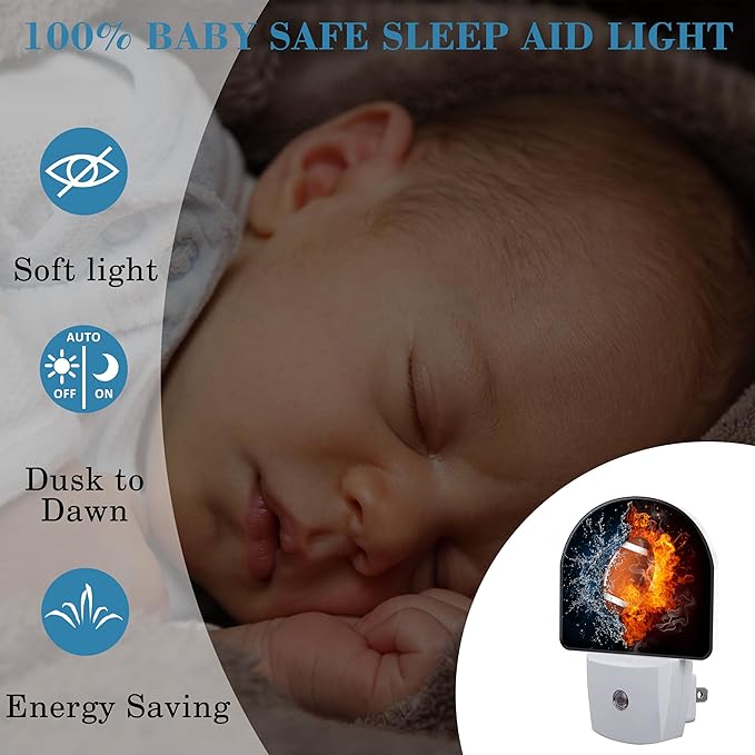Ice and Fire Football Night Light for Kids, LED Night Light Plug into Wall with Dusk to Dawn Sensor for Girls Boys Women Men Room Decor, Hallway, Kitchen, Bathroom, Nursery, Stairs