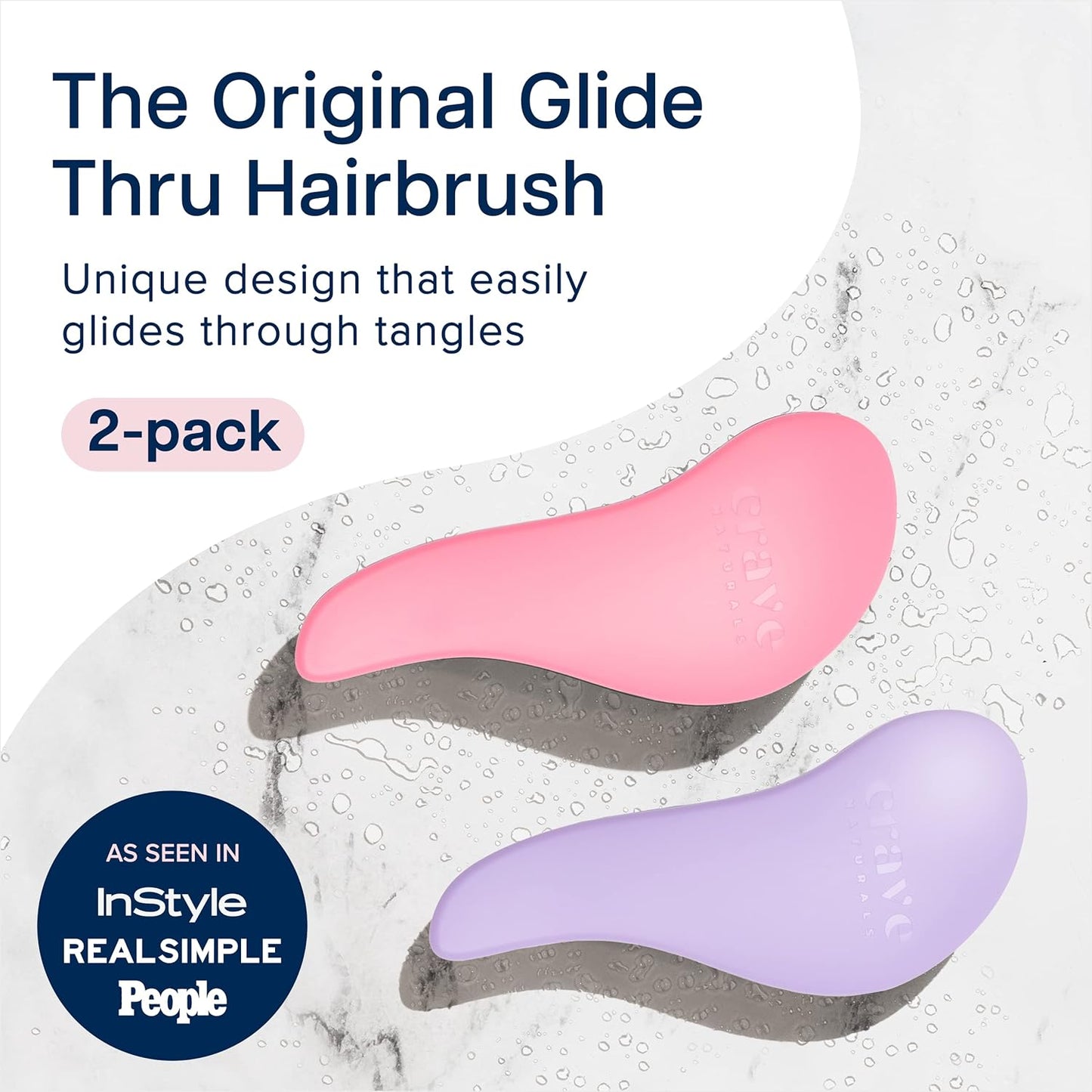 Crave Naturals Glide Thru Detangling Brush for Adults and Kids - Detangler Brush for Curly or Straight, Wet or Dry Hair - Gentle on Tangles Hair Comb - 7.5x3-Inch, Pink and Purple (Pack of 2)