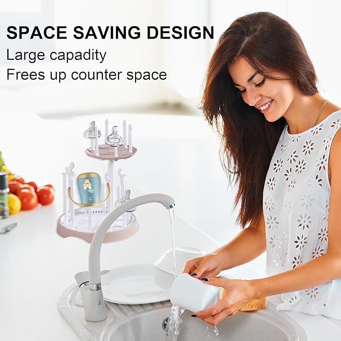 Baby Bottle Drying Rack,Double-Layer Bottle Drying Rack,Hold Up to 16 Baby Bottles,Suitable for Indoor, Kitchen, Living Room（Pink Lotus Root）