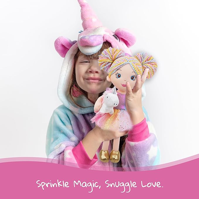 June Garden 15" Playmate Buddies - Plush Doll Zoey with Her Stuffed Animal Companion Unicorn Sparkle for Kids 1 Year and Up