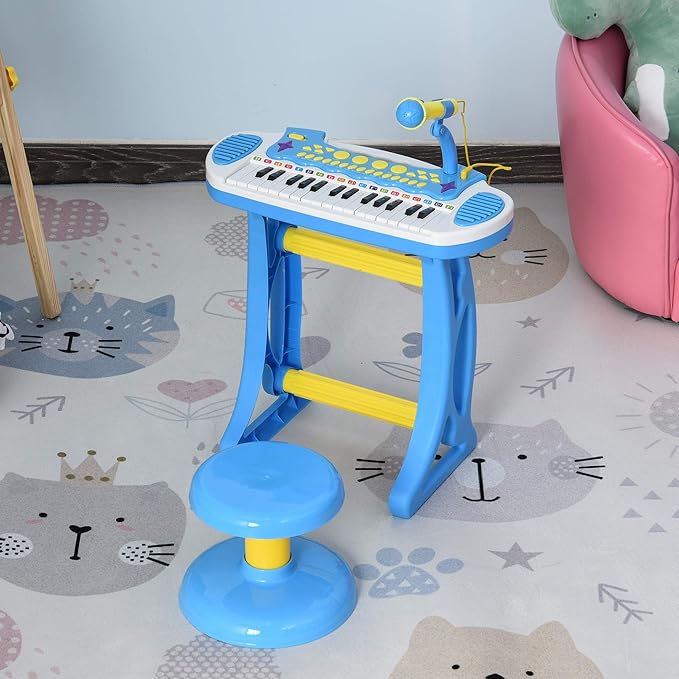 Qaba 31-Key Kids Toy Keyboard Piano, Electronic Musical Instrument with Multiple Sounds, Stool, Microphone and Bright Flashing Lights, Blue