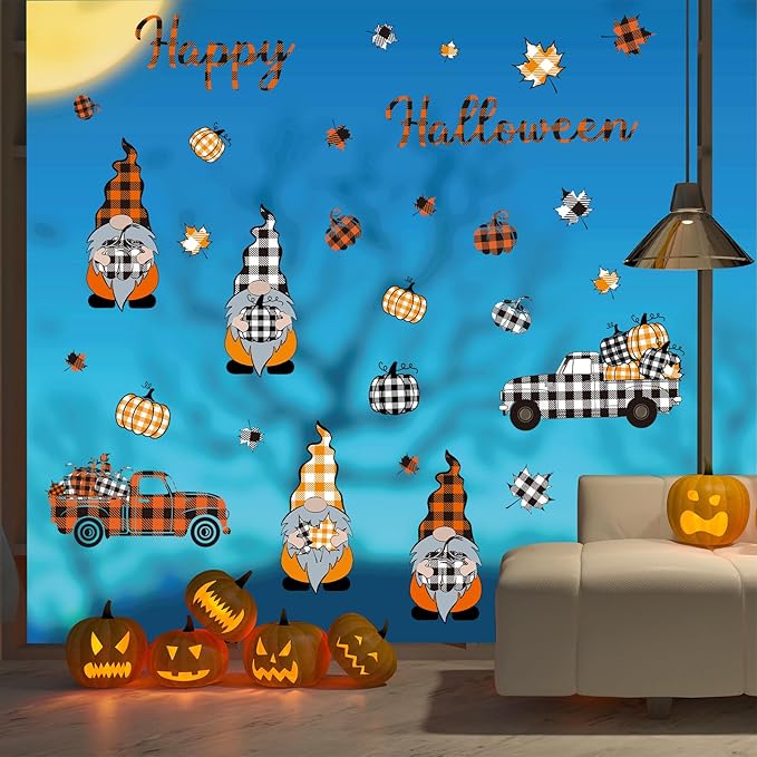 Whaline 9 Sheet Fall Halloween Window Clings Plaid Gnome Pumpkin Truck Maple Leaf Reusable Window Decals for Autumn Thanksgiving Harvest Party Home School Decor