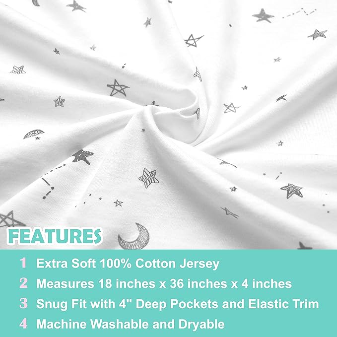 American Baby Company 100% Natural Cotton Fitted Cradle/Bassinet Sheet 36" x 18" - Soft, Breathable & Hypoallergenic Bed Sheet, Gray Stars and Moons, Neutral for Boys & Girls