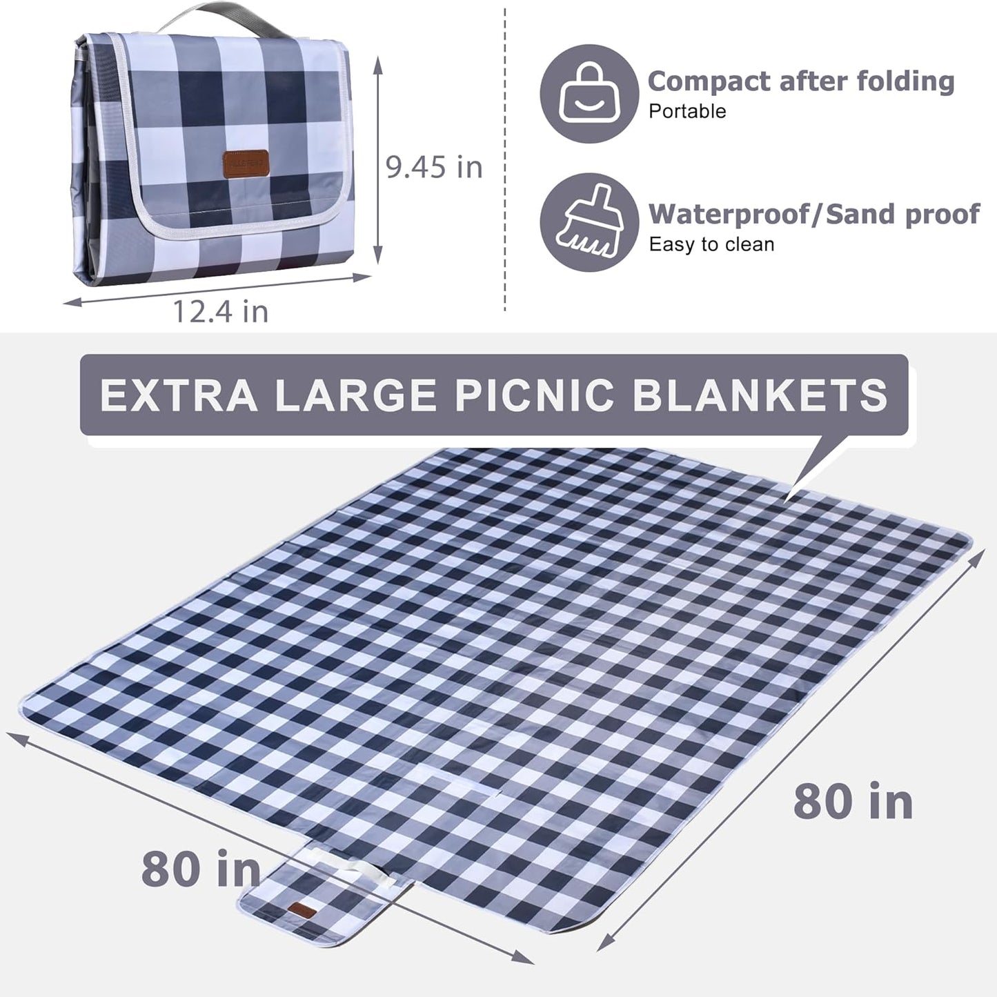 80"x80" Extra Large Waterproof Outdoor Mat - Sandproof Foldable Picnic Blanket for Family Camping, Backyard, Beach Parties - Heavy Duty & Easy Storage (Gray&White)